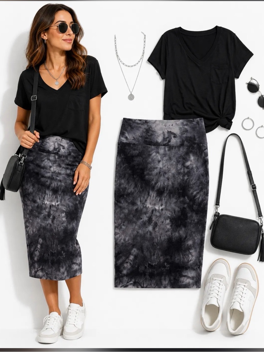 DKNY Black & Gray Tie-Dye Midi Pencil Skirt